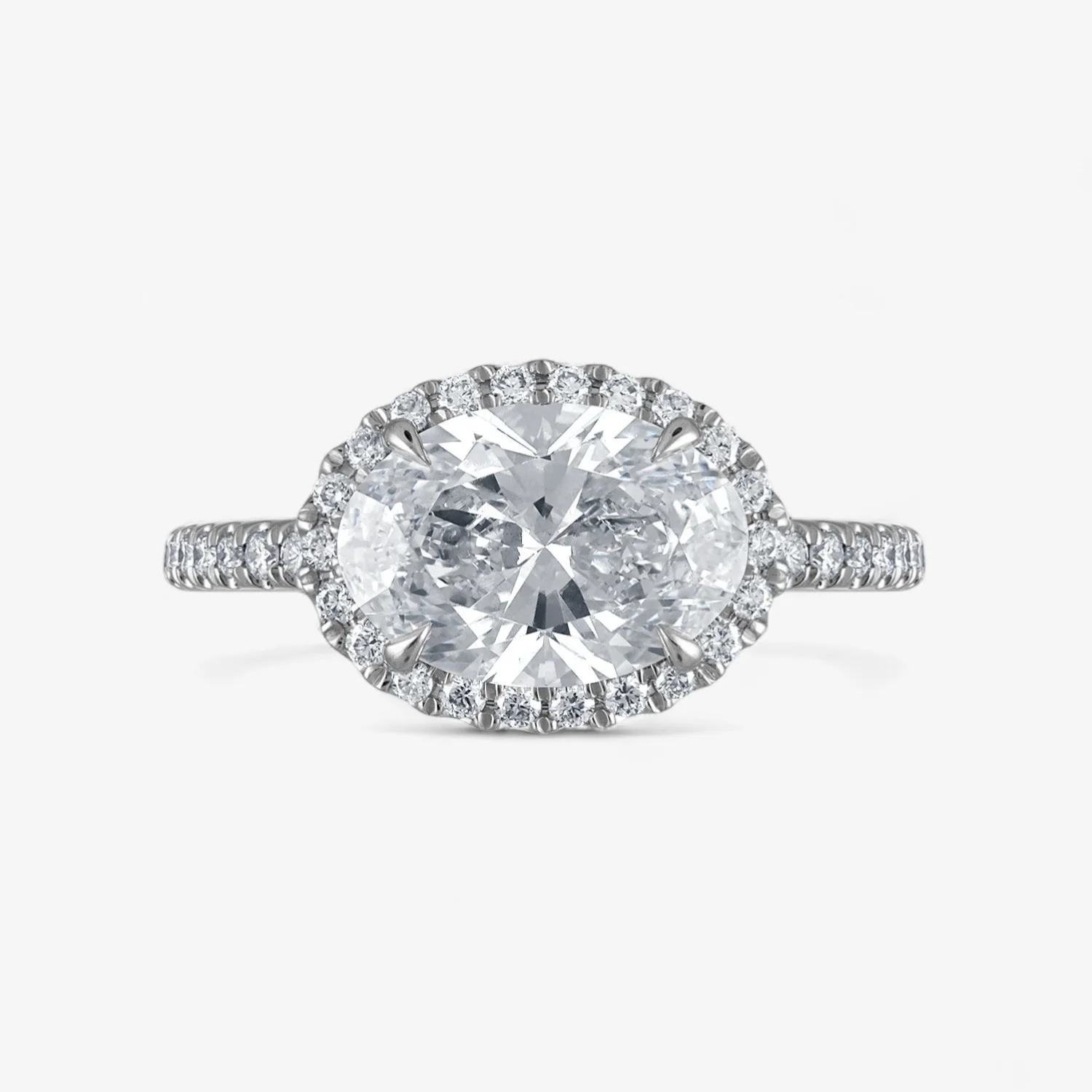 Oval Shape East-West with Pave Halo and Band Engagement Ring