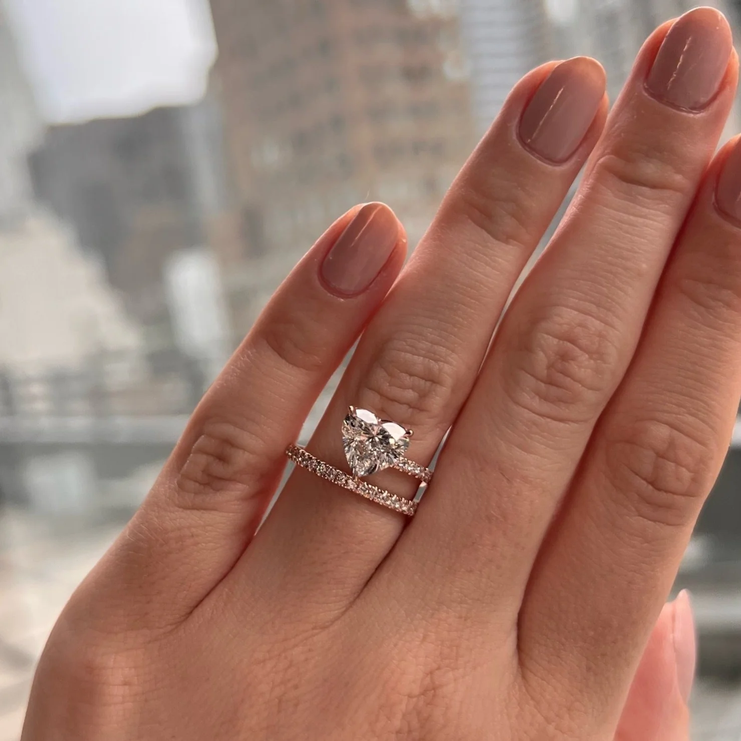 Heart Shaped Pave Band and a Half Engagement Ring - Image 3