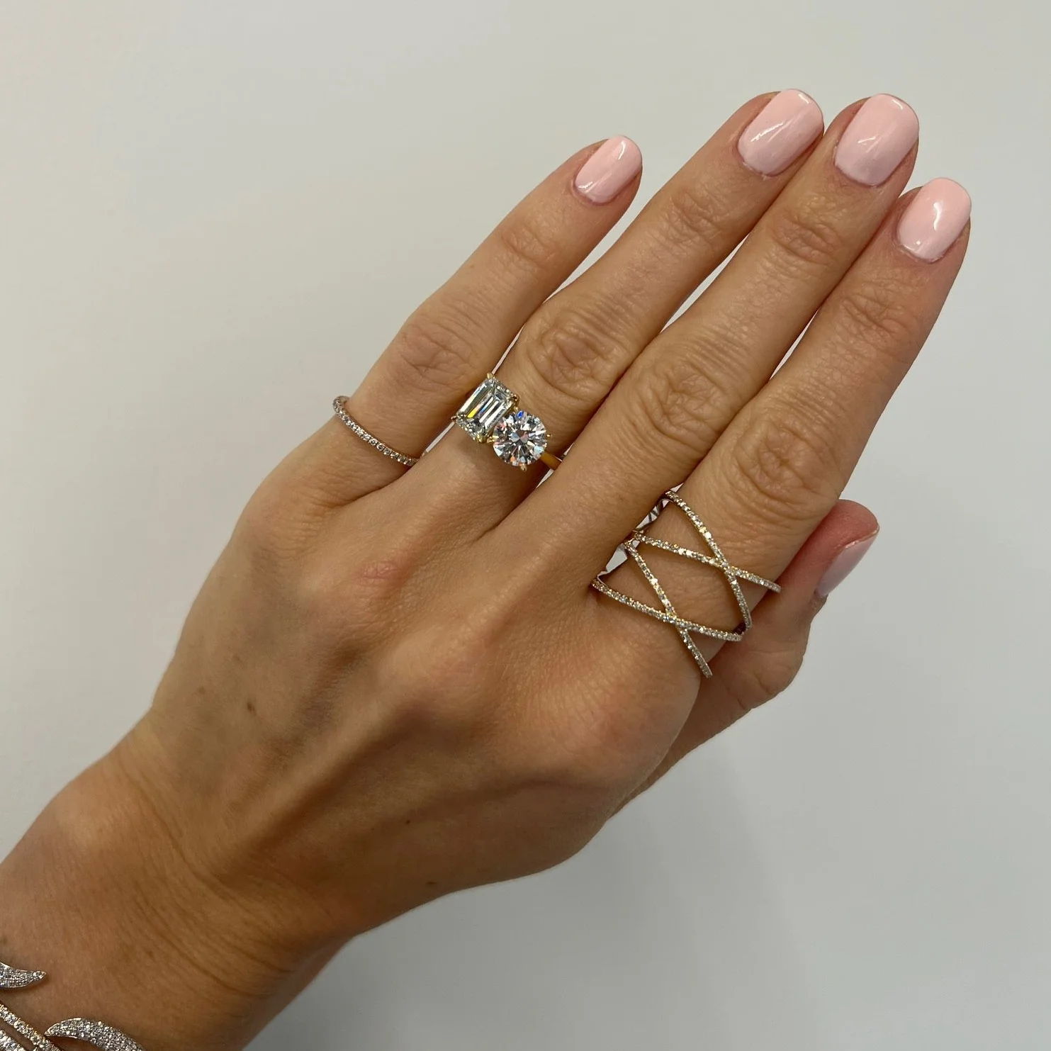 Round Cut and Emerald Cut Two-Stone Engagement Ring - Image 3