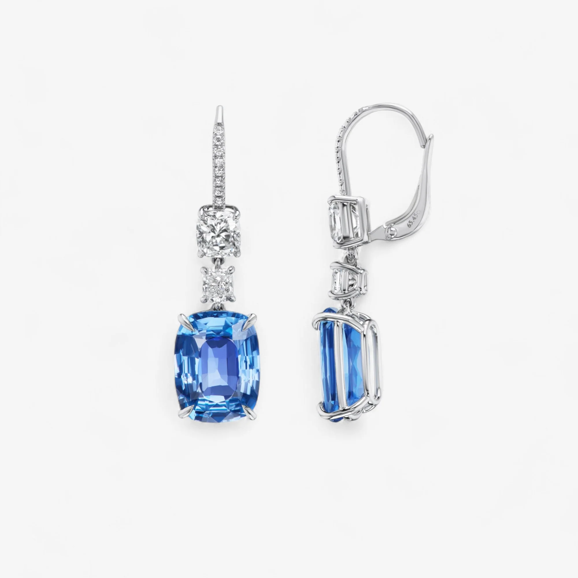 Signature Blue Sapphire and White Cushion Diamond Drop Earrings - Image 2