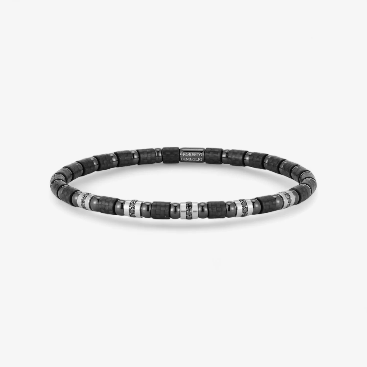 Men's Stretch Carbon Fiber Bracelet with Five Row of Black Diamonds