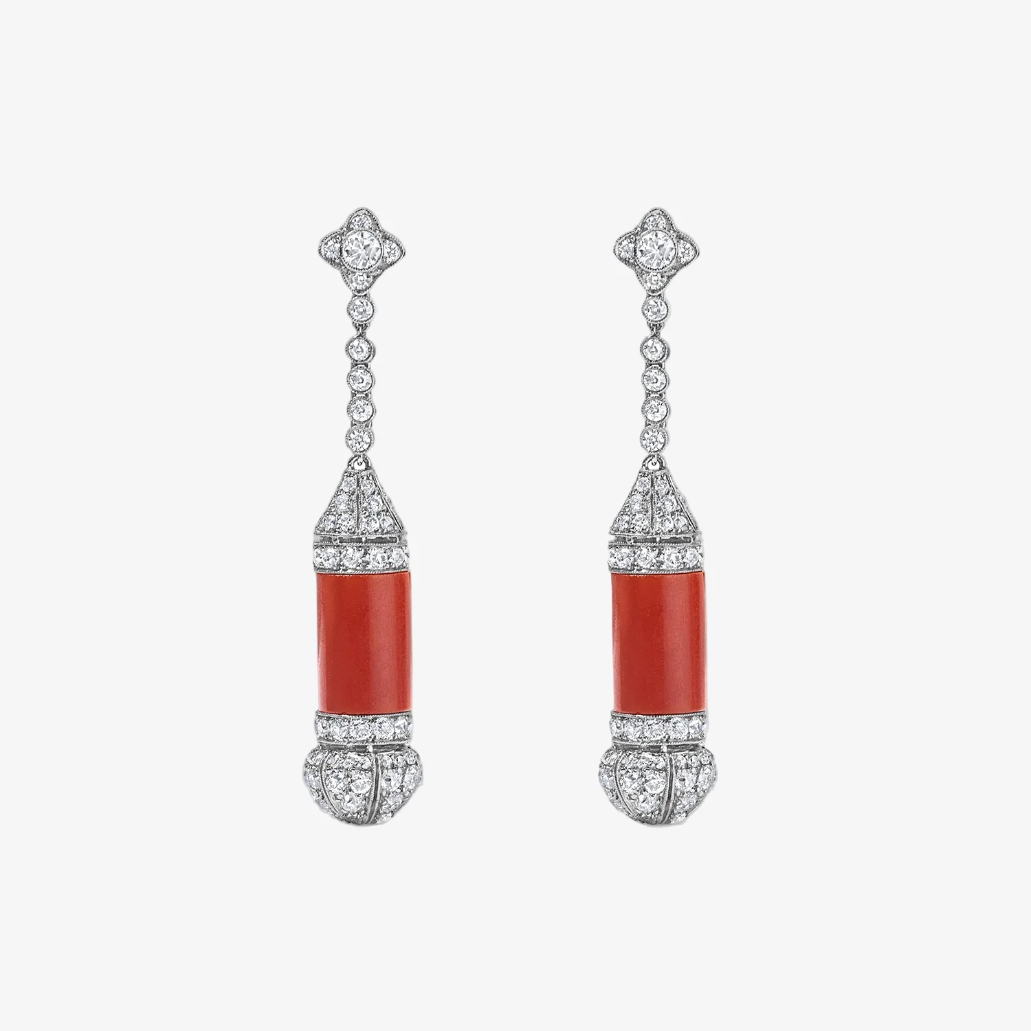Coral and Diamond Tubular Earrings