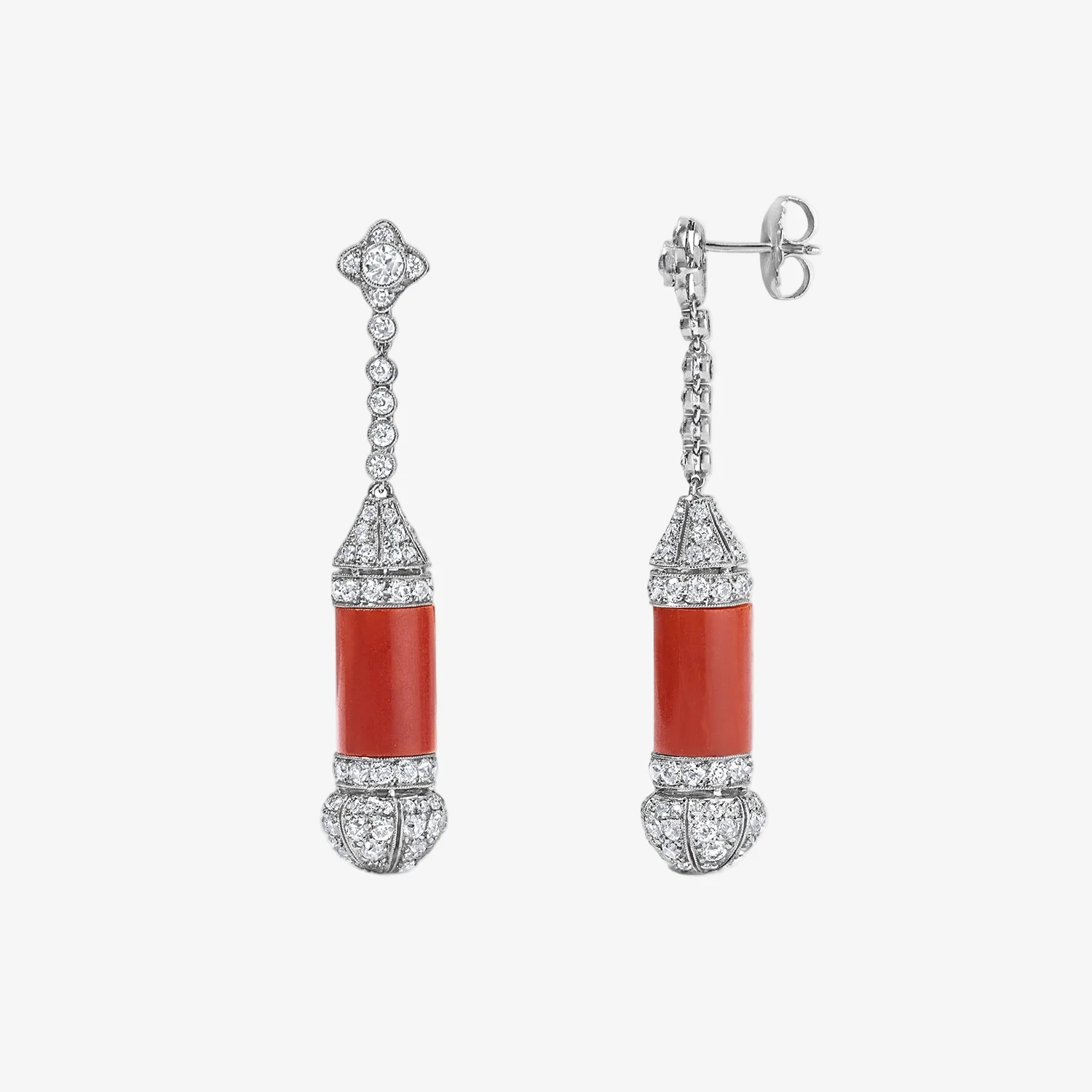 Coral and Diamond Tubular Earrings - Image 2