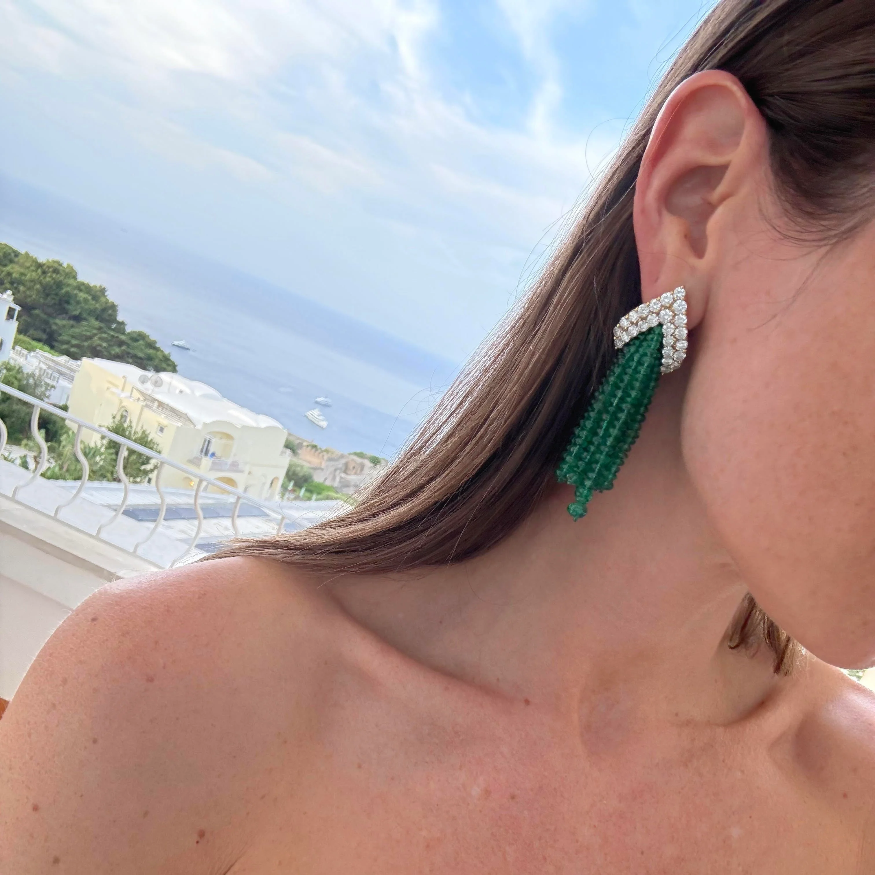 Emerald Bead and Diamond Tassel Earring and Brooch Set - Image 5