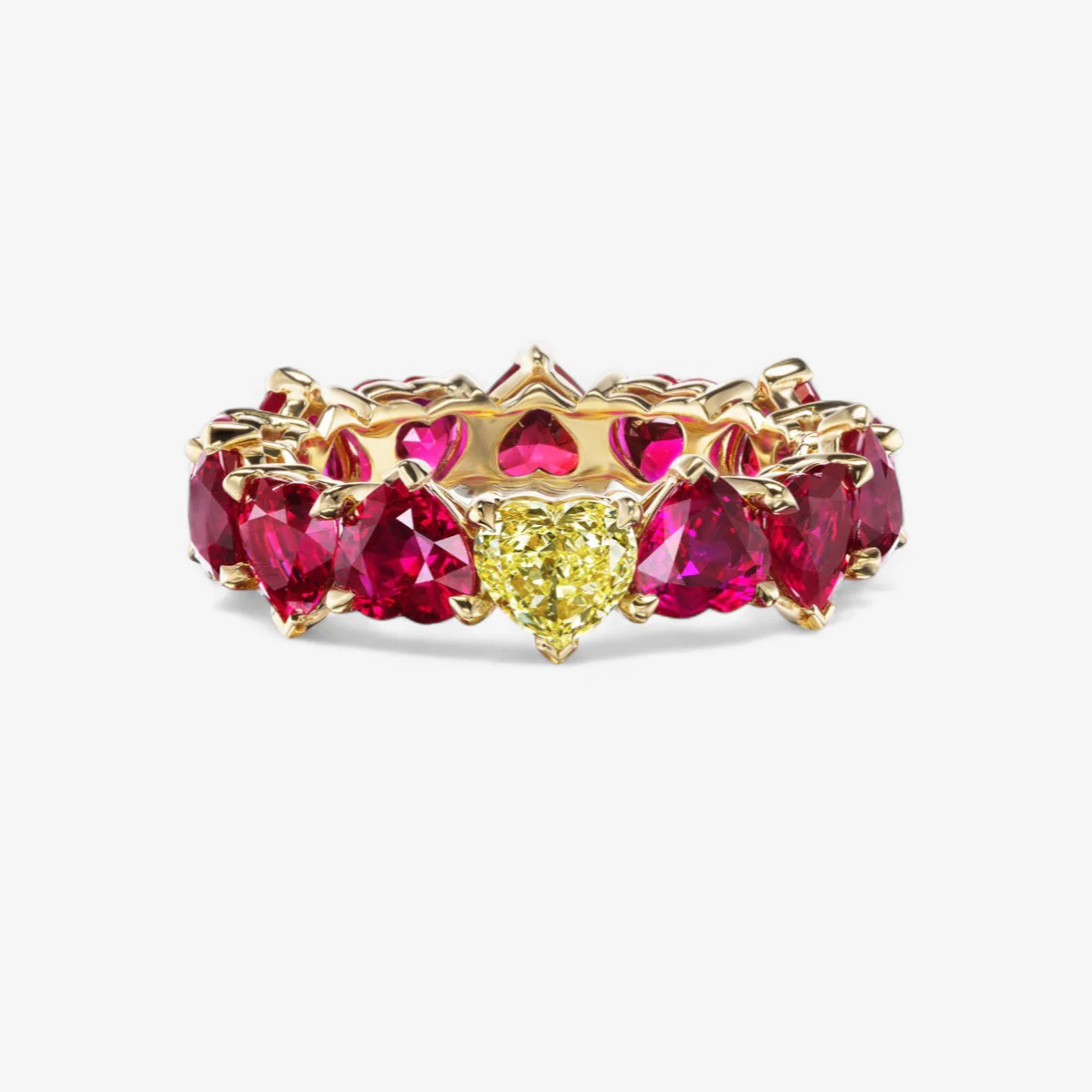 Signature Heart Shaped Burmese Ruby and Fancy Yellow Diamond Eternity Band