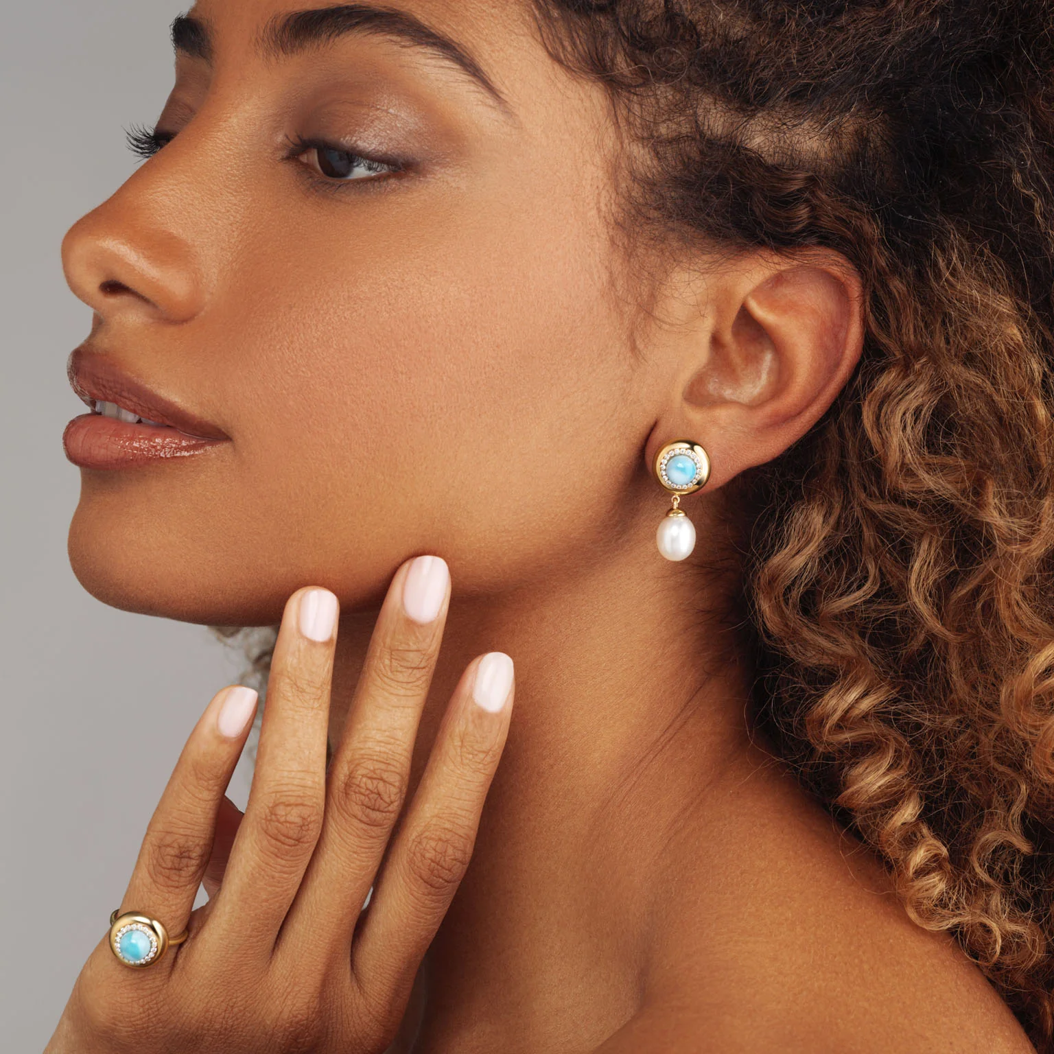 Larimar with Pearl Drop Candy Button Earrings - Image 3