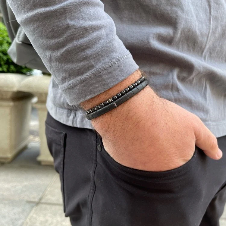 Men's Matte Black Ceramic Bracelet with Diamond Bar - Image 3