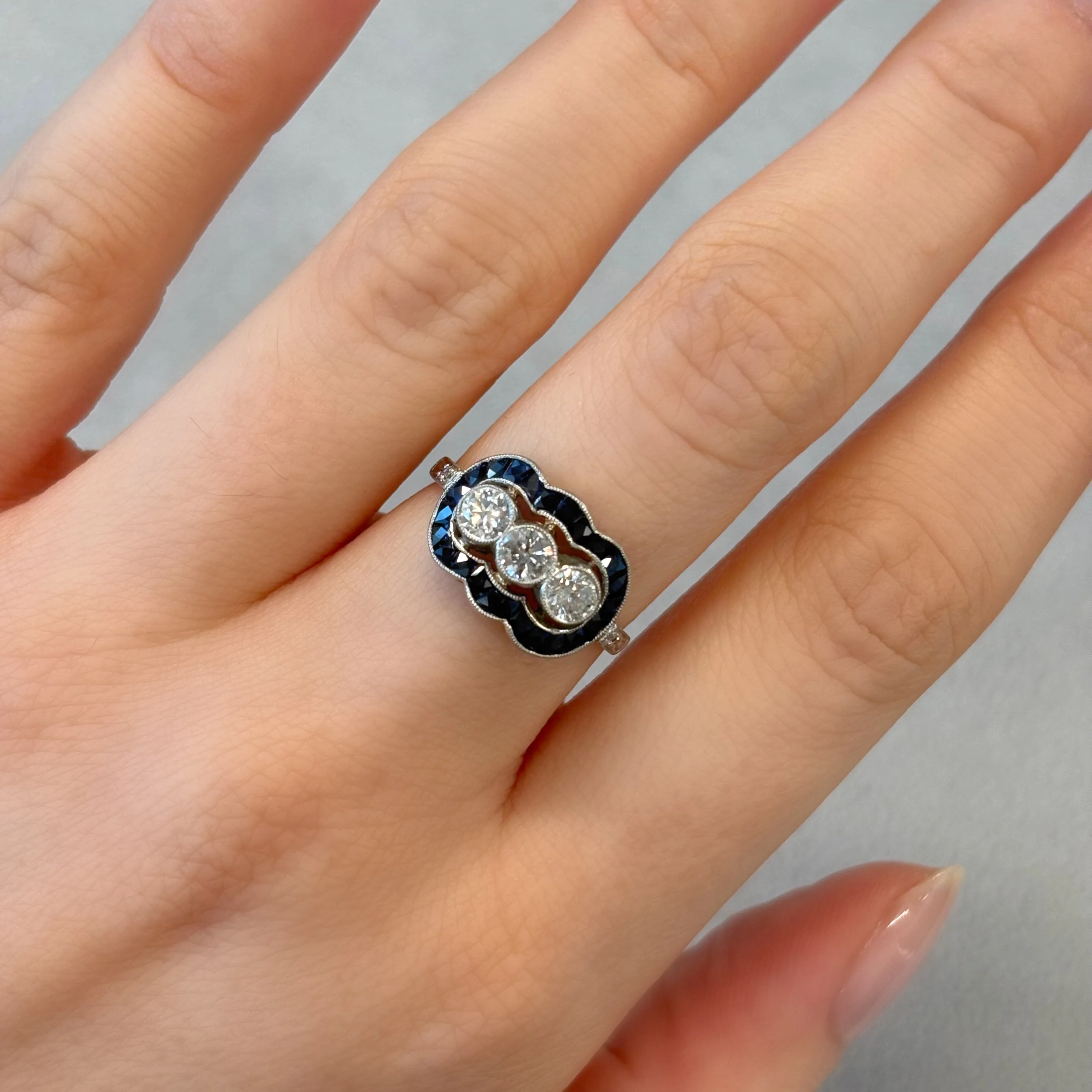 Three Stone Diamond Ring with Sapphires - Image 3
