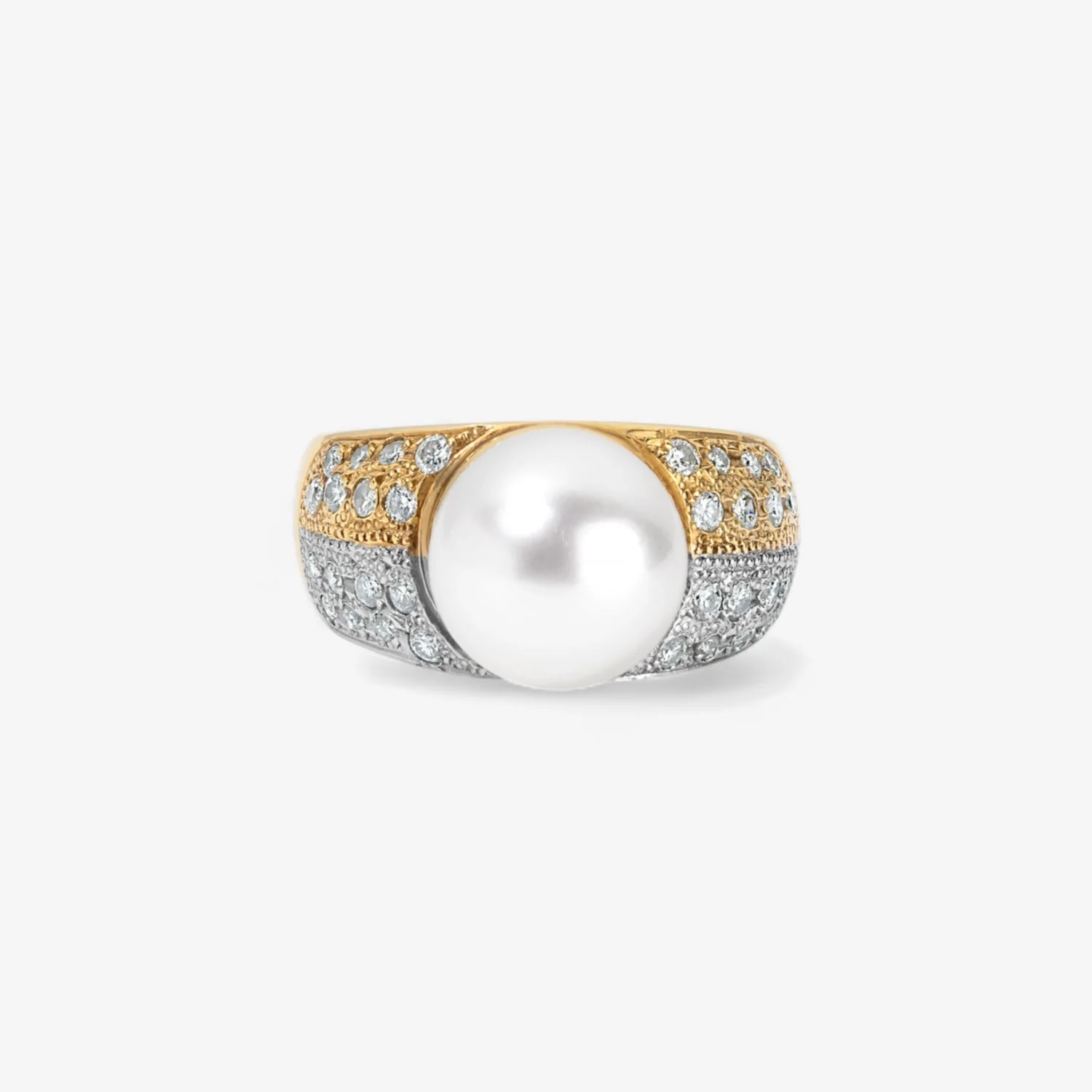 White Pearl Ring Edged with Diamonds
