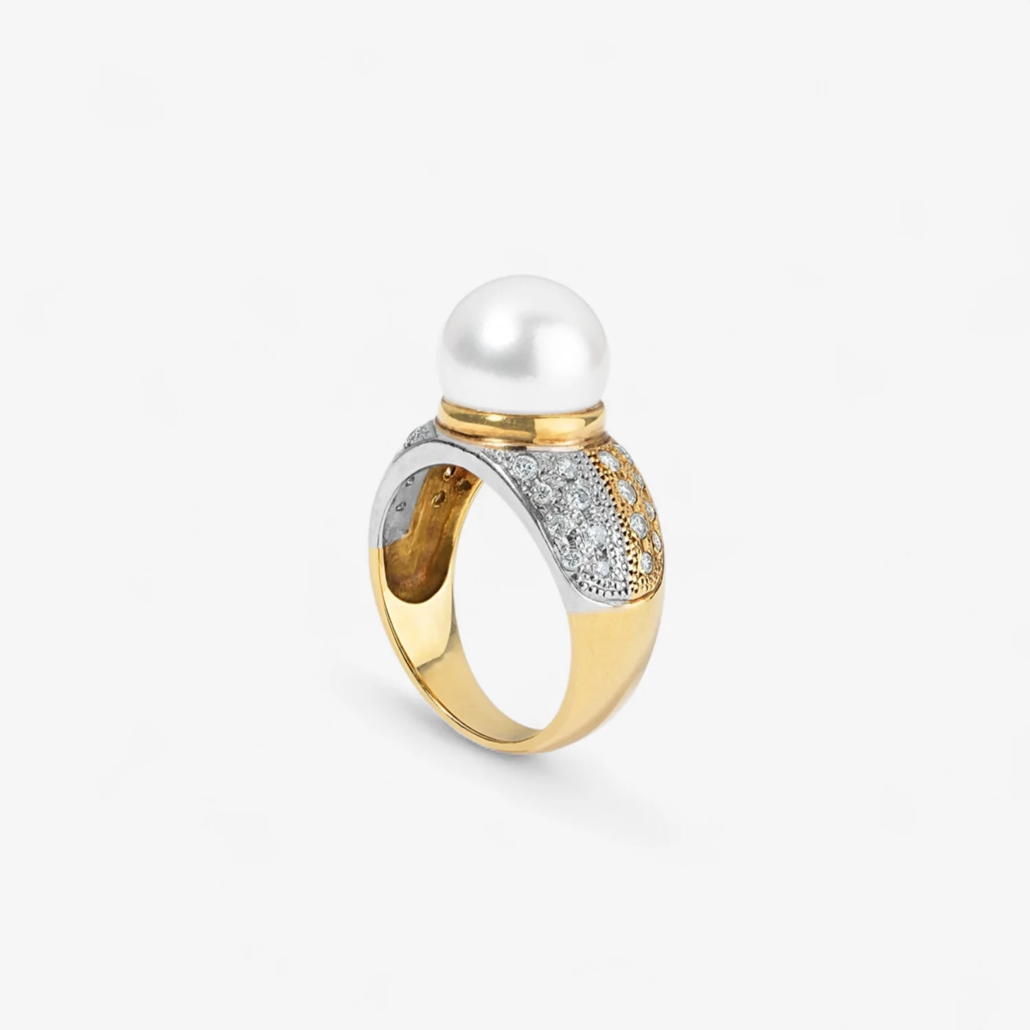 White Pearl Ring Edged with Diamonds - Image 2